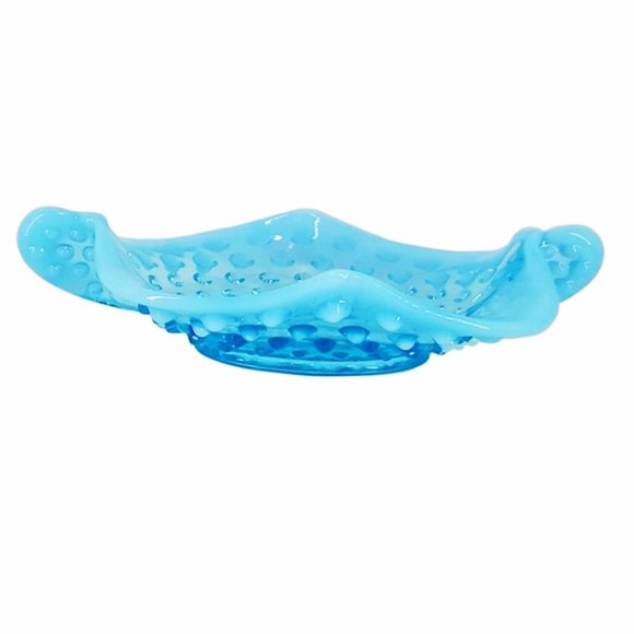 Fenton Blue Opalescent Hobnail Handled Bon Bon Dish Bowl #389 Ruffled Vintage - Picture 2 of 7